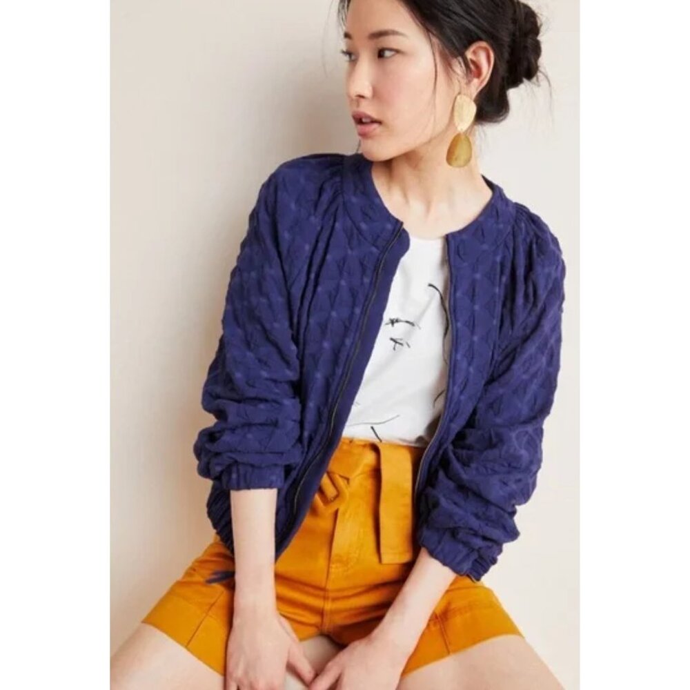 Anthropologie Amadi Textured Lightweight Bomber Jacket Small Blue Full Zip Long